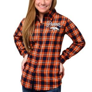 Women's Denver Broncos Orange Wordmark Flannel Button-Up Long Sleeve Shirt